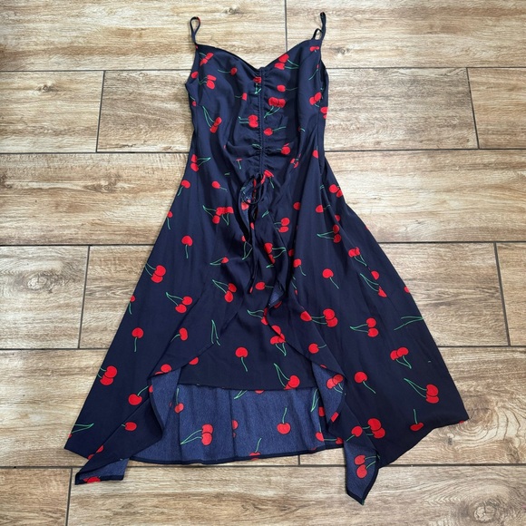 Aqua Cherry print Midi Blue Dress Size Small Red Blue Ruffle Clinch front Dress - Picture 4 of 16